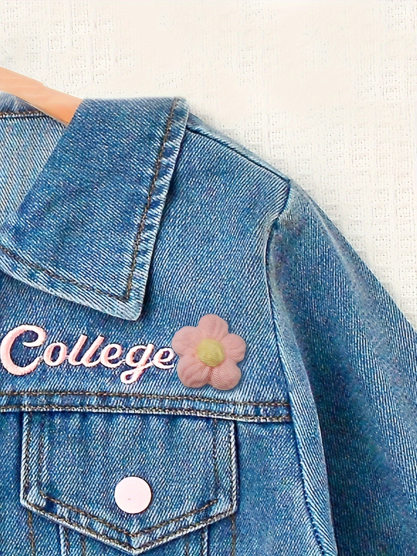 Chic Girls' Denim Jacket with Embroidered Lettering - Casual Spring/Fall Outerwear, Cotton Blend, Machine Washable