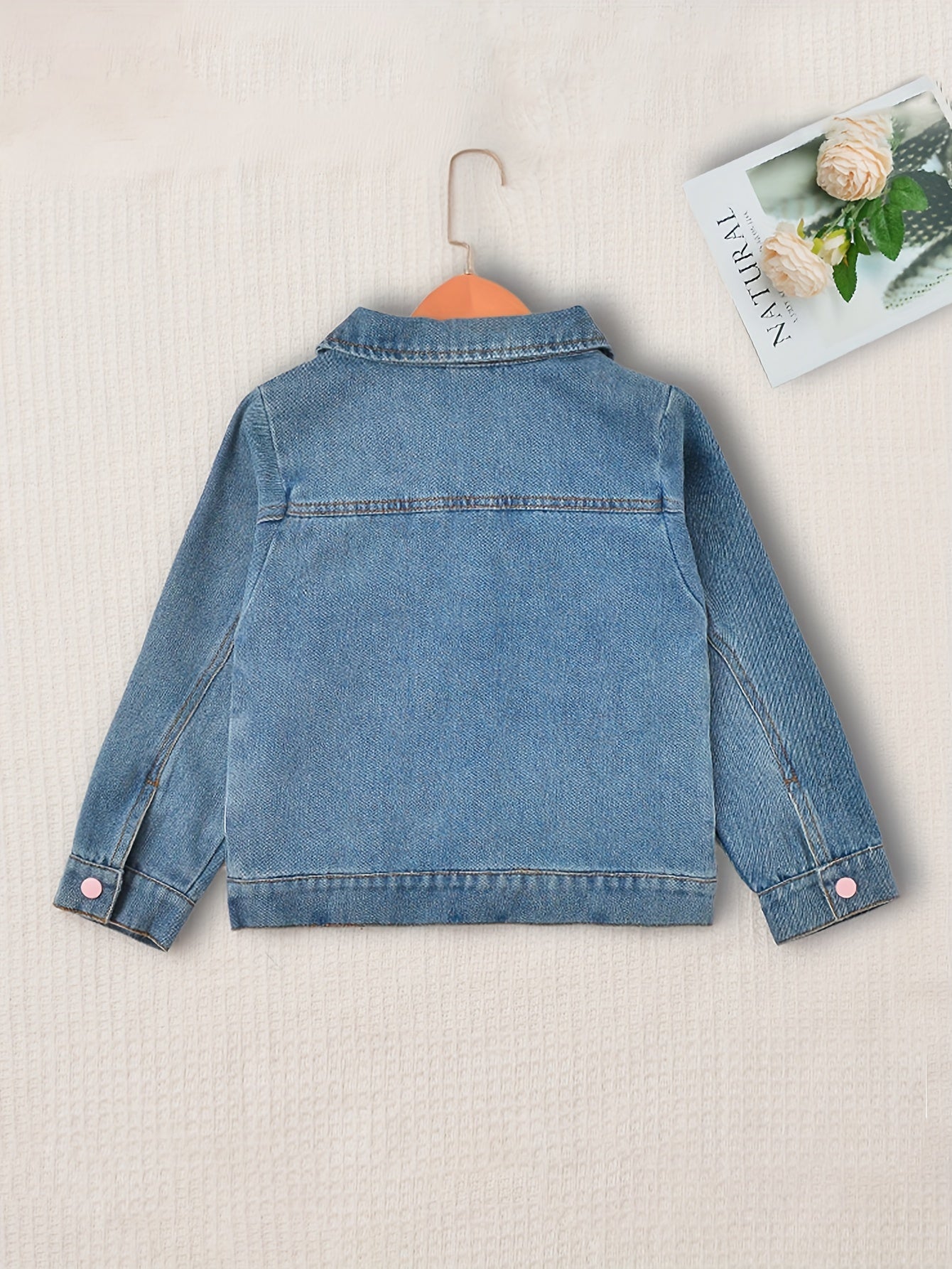 Chic Girls' Denim Jacket with Embroidered Lettering - Casual Spring/Fall Outerwear, Cotton Blend, Machine Washable