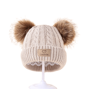 1pc Bonnet à double pompon pour bébé/enfant en bas âge avec motif en tricot torsadé