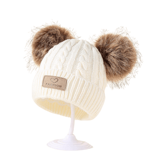 1pc Bonnet à double pompon pour bébé/enfant en bas âge avec motif en tricot torsadé